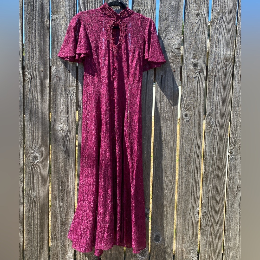SOLD
Dawn Joy Fashions Maroon Burgandy Lace dress 1980s
